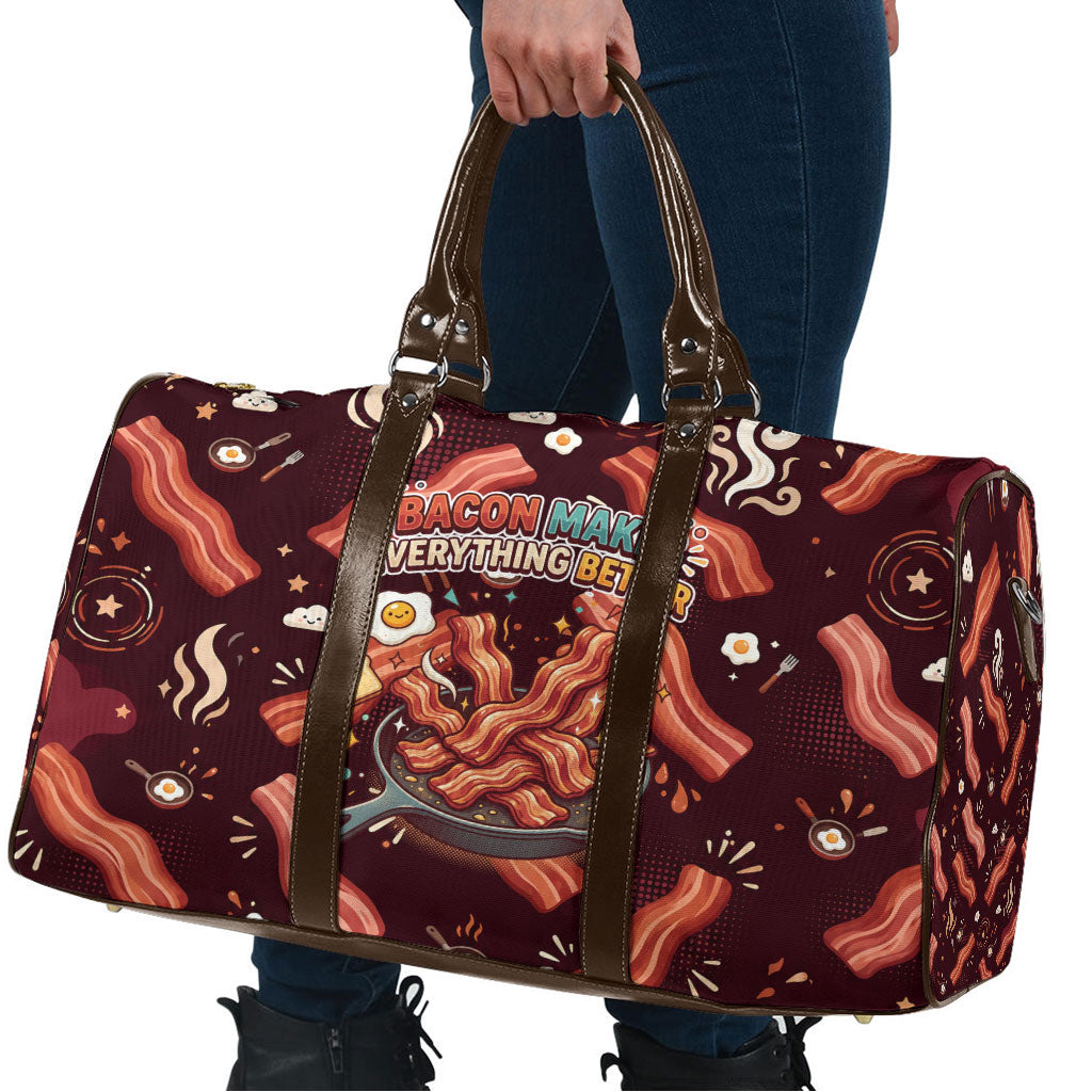 International Bacon Day Travel Bag Retro Bacon Pattern With Sizzling Skillet Graphic