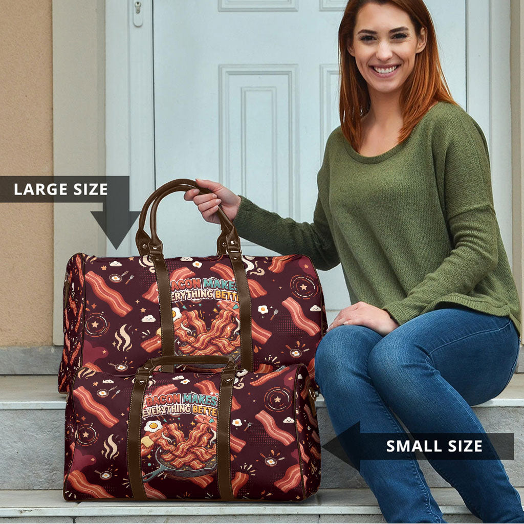 International Bacon Day Travel Bag Retro Bacon Pattern With Sizzling Skillet Graphic