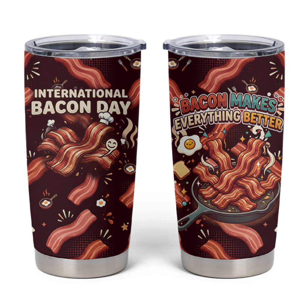 International Bacon Day Tumbler Cup Retro Bacon Pattern With Sizzling Skillet Graphic