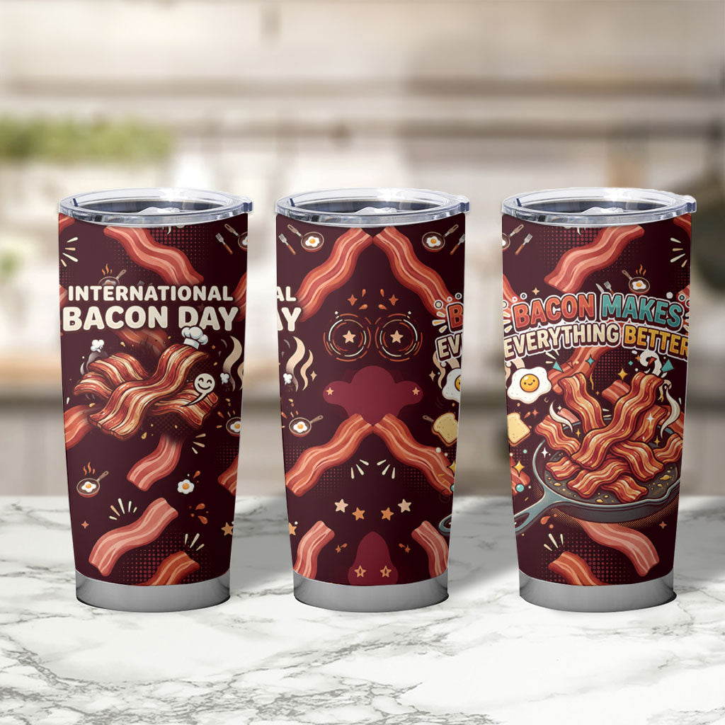 International Bacon Day Tumbler Cup Retro Bacon Pattern With Sizzling Skillet Graphic