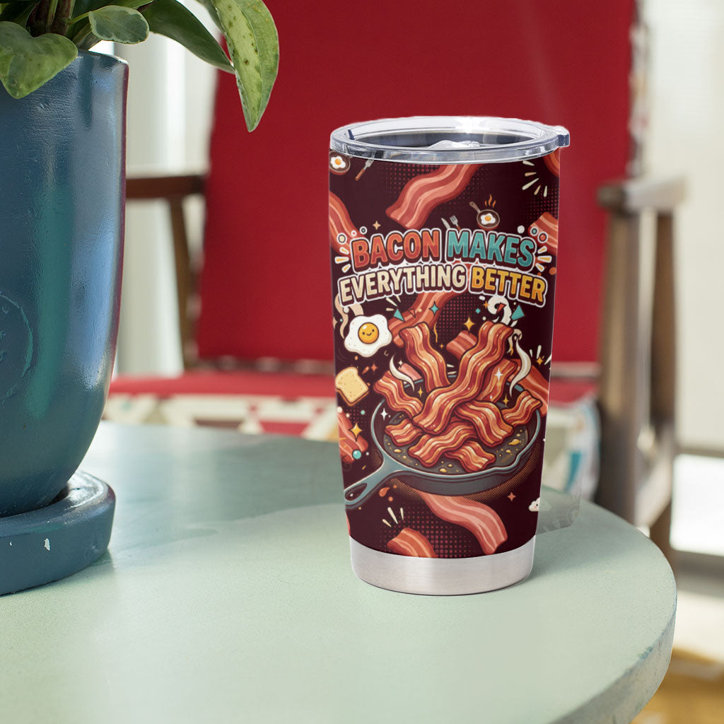 International Bacon Day Tumbler Cup Retro Bacon Pattern With Sizzling Skillet Graphic