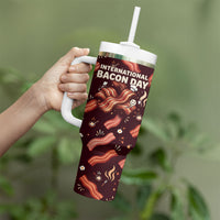 International Bacon Day Tumbler With Handle Retro Bacon Pattern With Sizzling Skillet Graphic