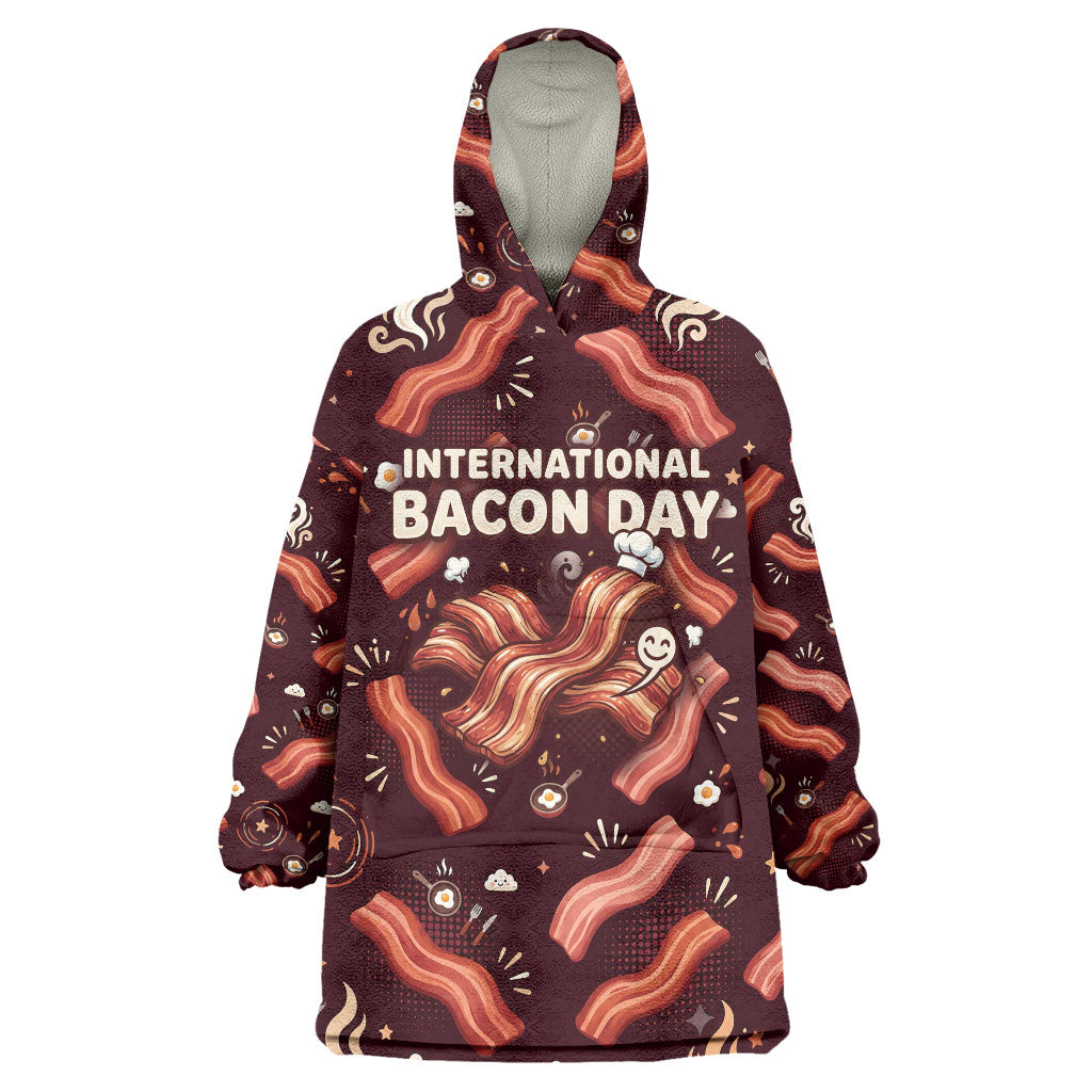 International Bacon Day Wearable Blanket Hoodie Retro Bacon Pattern With Sizzling Skillet Graphic