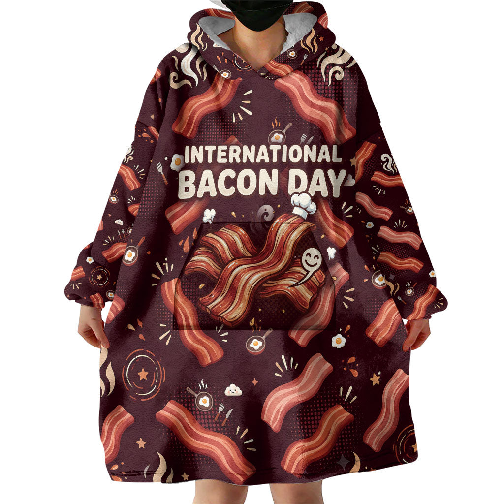 International Bacon Day Wearable Blanket Hoodie Retro Bacon Pattern With Sizzling Skillet Graphic