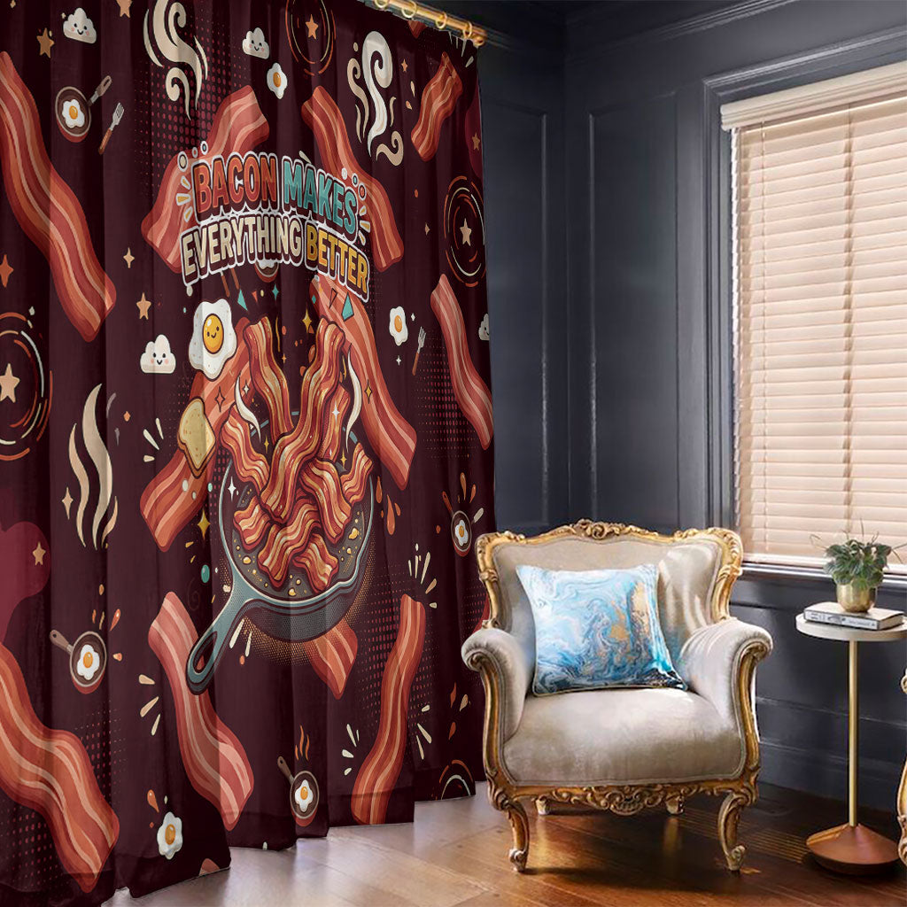 International Bacon Day Window Curtain Retro Bacon Pattern With Sizzling Skillet Graphic