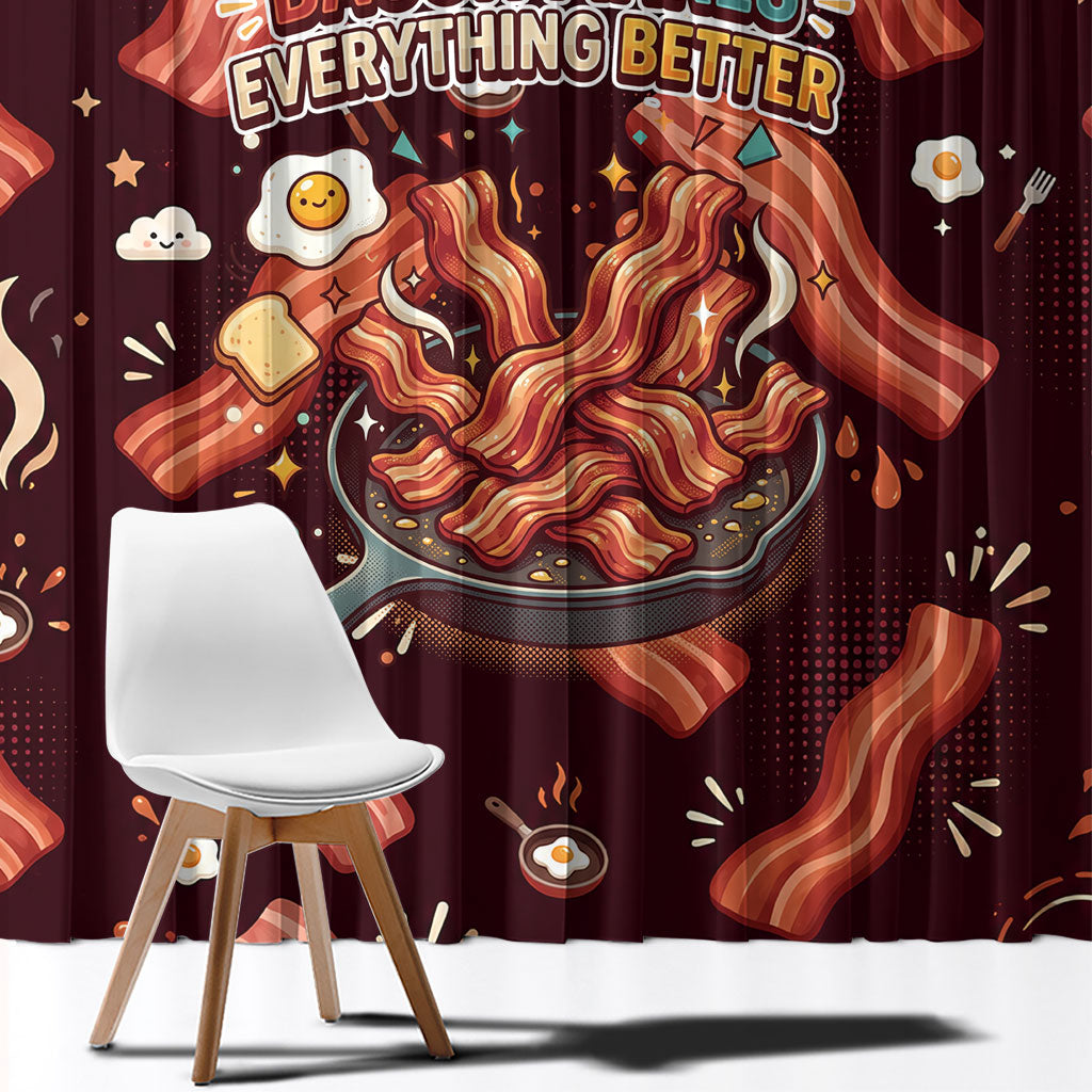 International Bacon Day Window Curtain Retro Bacon Pattern With Sizzling Skillet Graphic