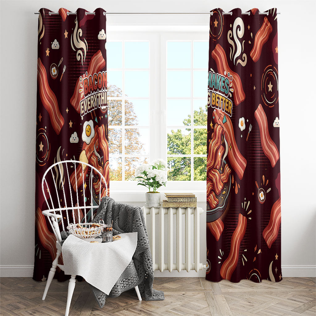 International Bacon Day Window Curtain Retro Bacon Pattern With Sizzling Skillet Graphic