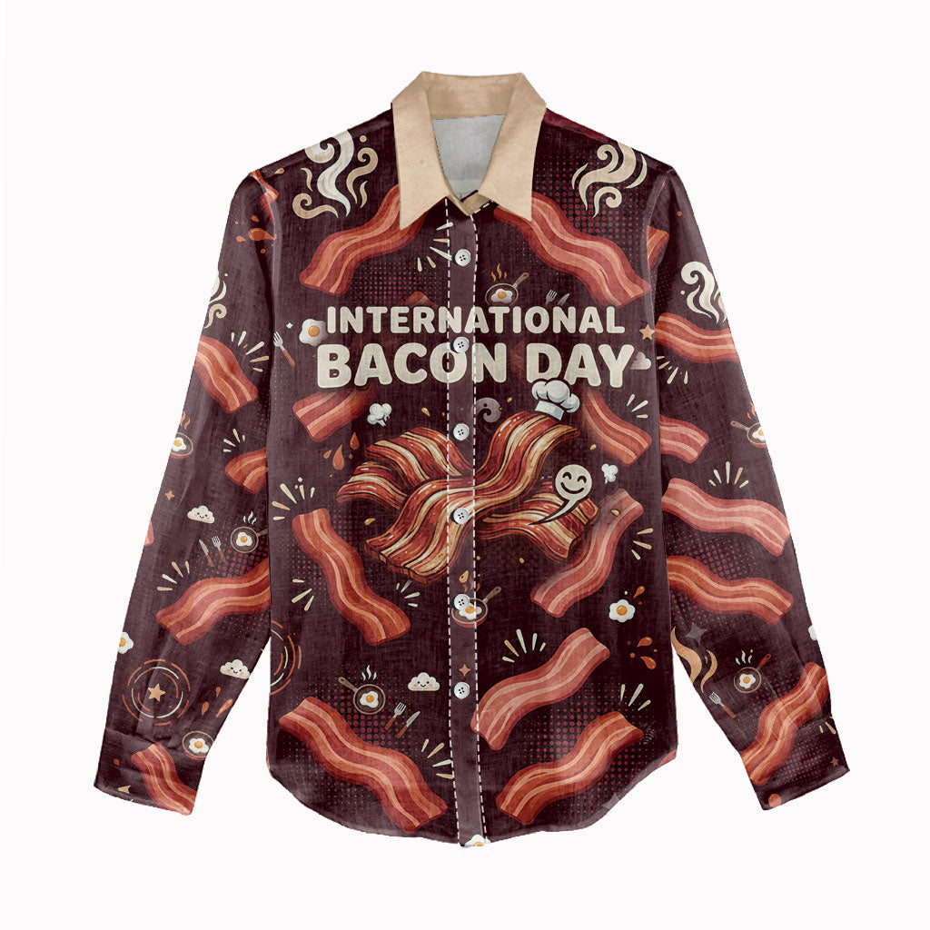 International Bacon Day Women Casual Shirt Retro Bacon Pattern With Sizzling Skillet Graphic