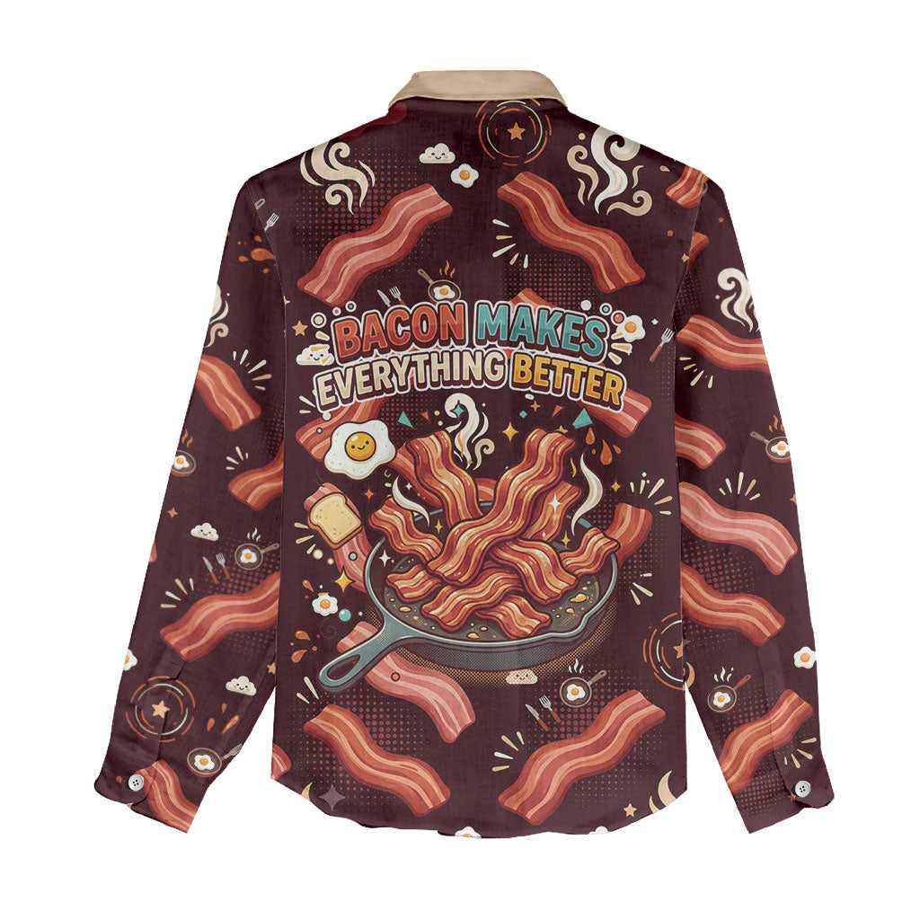 International Bacon Day Women Casual Shirt Retro Bacon Pattern With Sizzling Skillet Graphic