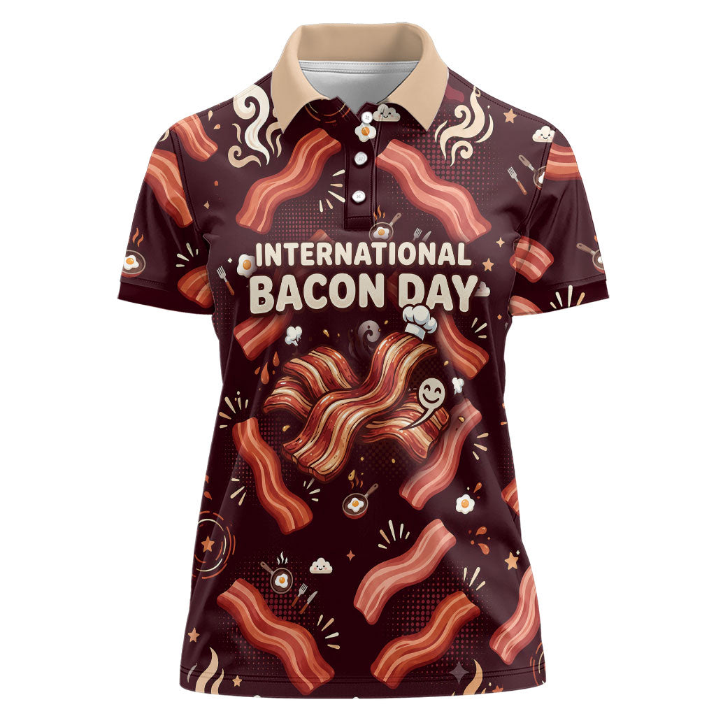 International Bacon Day Women Polo Shirt Retro Bacon Pattern With Sizzling Skillet Graphic