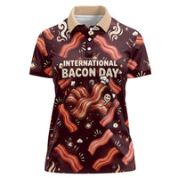 International Bacon Day Women Polo Shirt Retro Bacon Pattern With Sizzling Skillet Graphic