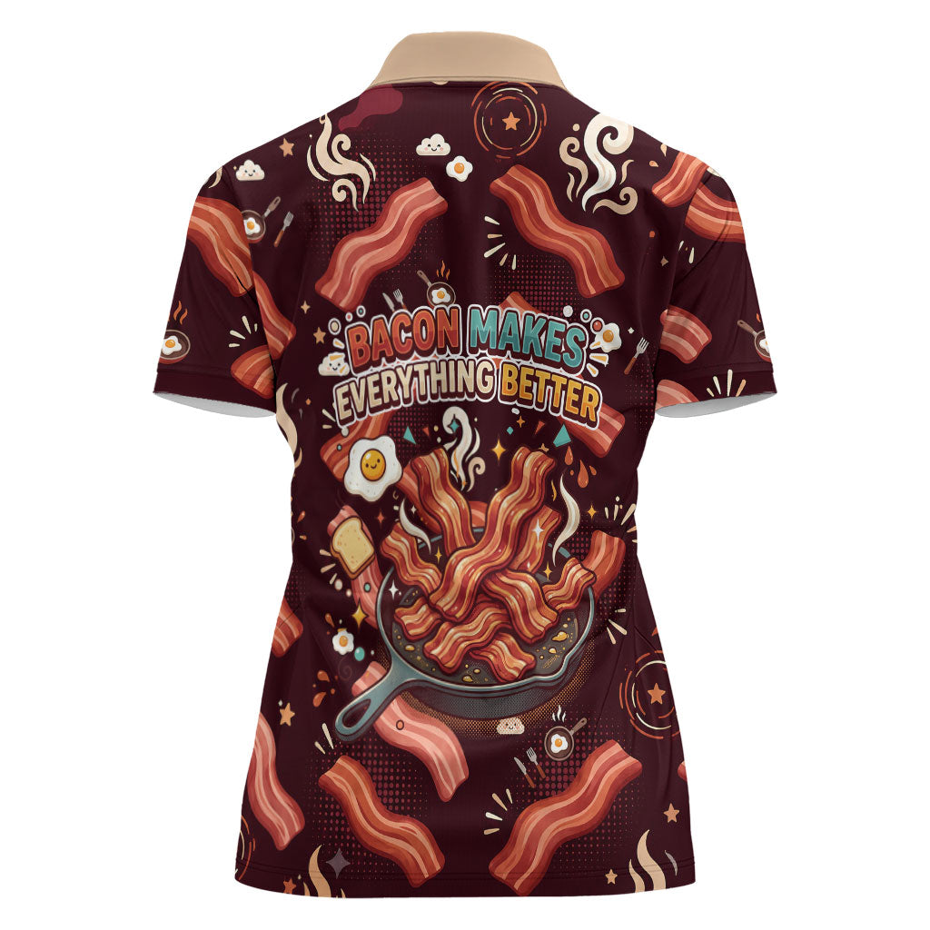 International Bacon Day Women Polo Shirt Retro Bacon Pattern With Sizzling Skillet Graphic