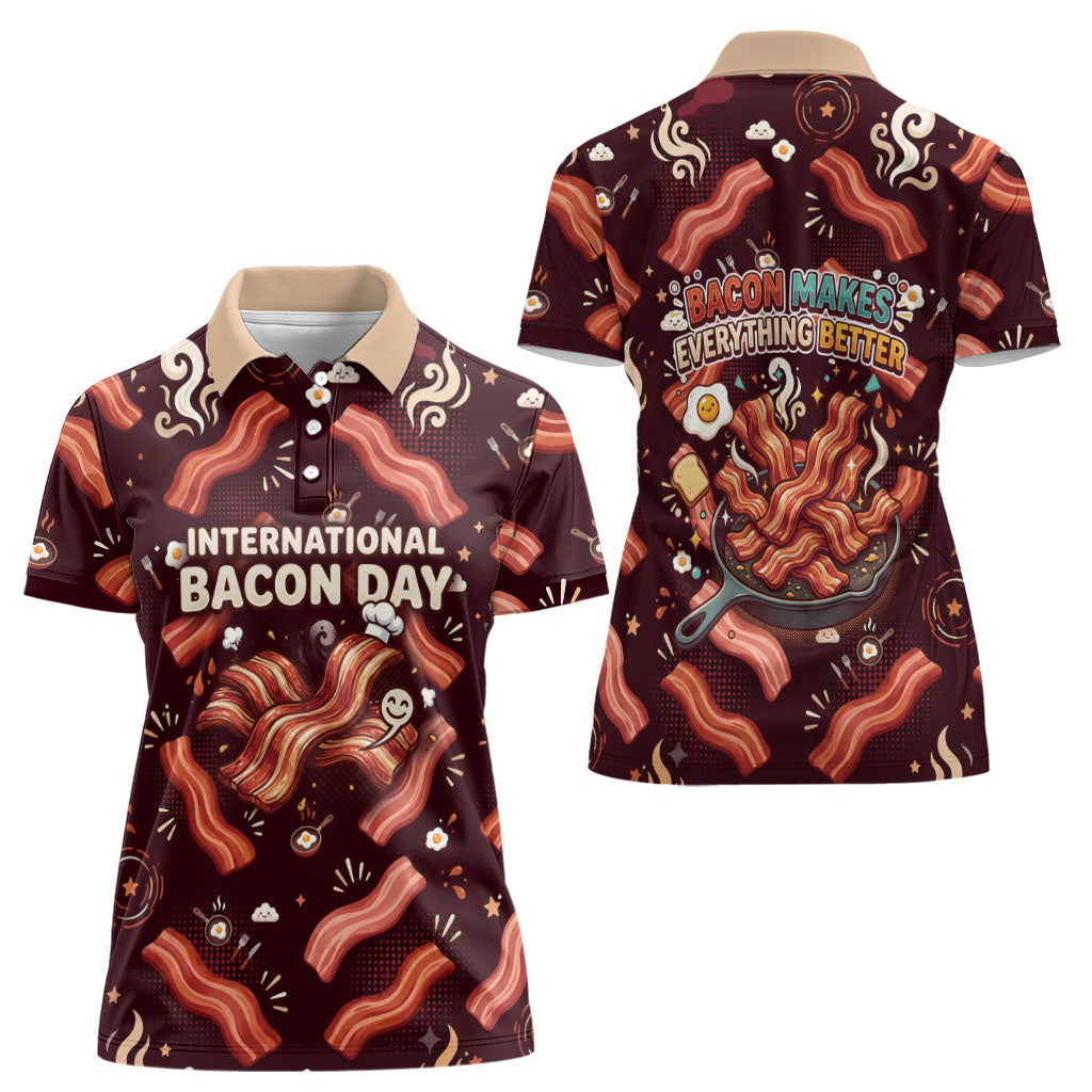 International Bacon Day Women Polo Shirt Retro Bacon Pattern With Sizzling Skillet Graphic