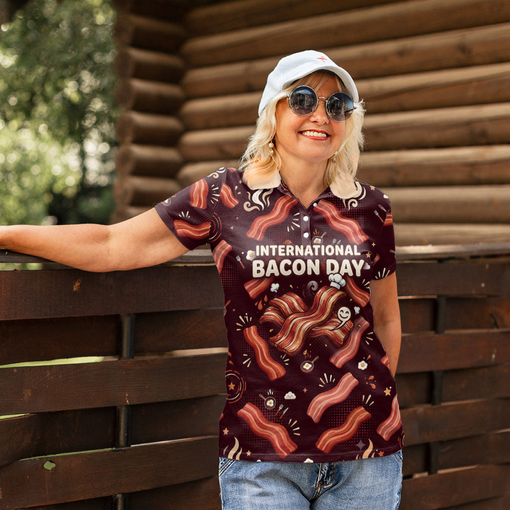 International Bacon Day Women Polo Shirt Retro Bacon Pattern With Sizzling Skillet Graphic