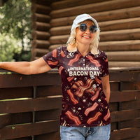 International Bacon Day Women Polo Shirt Retro Bacon Pattern With Sizzling Skillet Graphic