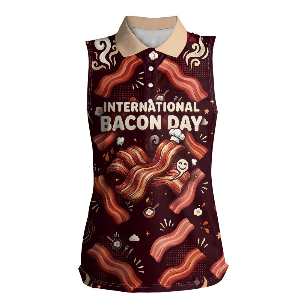 International Bacon Day Women Sleeveless Polo Shirt Retro Bacon Pattern With Sizzling Skillet Graphic