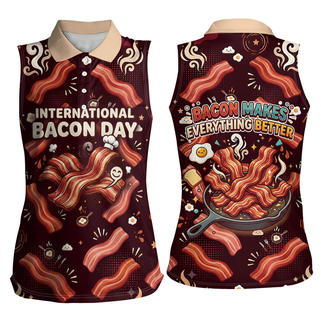 International Bacon Day Women Sleeveless Polo Shirt Retro Bacon Pattern With Sizzling Skillet Graphic