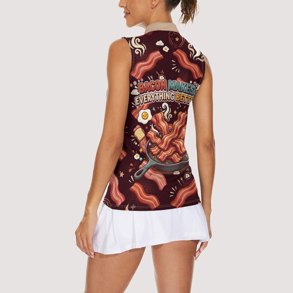 International Bacon Day Women Sleeveless Polo Shirt Retro Bacon Pattern With Sizzling Skillet Graphic