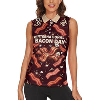 International Bacon Day Women Sleeveless Polo Shirt Retro Bacon Pattern With Sizzling Skillet Graphic
