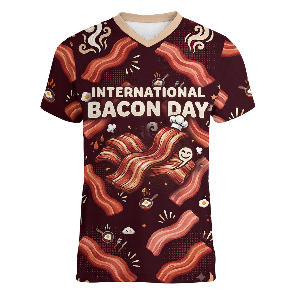 International Bacon Day Women V-Neck T-Shirt Retro Bacon Pattern With Sizzling Skillet Graphic