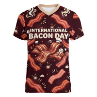 International Bacon Day Women V-Neck T-Shirt Retro Bacon Pattern With Sizzling Skillet Graphic
