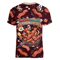 International Bacon Day Women V-Neck T-Shirt Retro Bacon Pattern With Sizzling Skillet Graphic