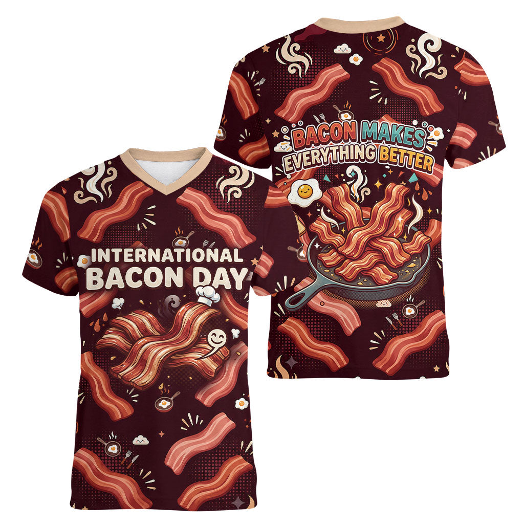 International Bacon Day Women V-Neck T-Shirt Retro Bacon Pattern With Sizzling Skillet Graphic