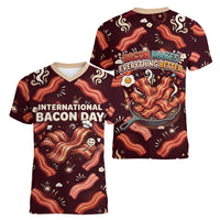 International Bacon Day Women V-Neck T-Shirt Retro Bacon Pattern With Sizzling Skillet Graphic