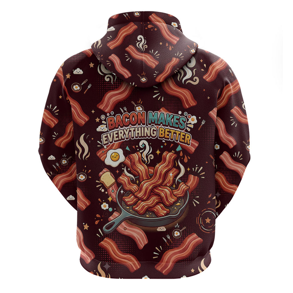 International Bacon Day Zip Hoodie Retro Bacon Pattern With Sizzling Skillet Graphic