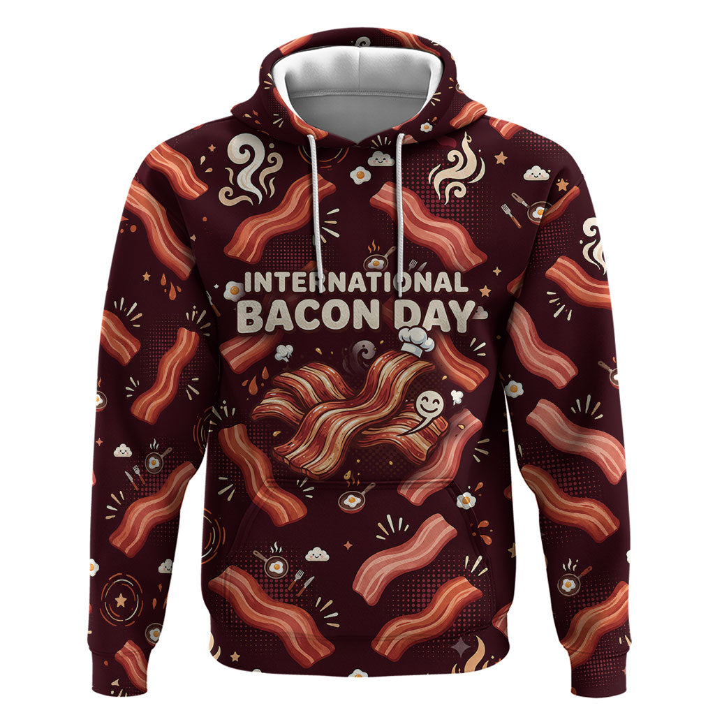 International Bacon Day Zip Hoodie Retro Bacon Pattern With Sizzling Skillet Graphic