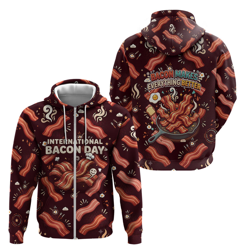 International Bacon Day Zip Hoodie Retro Bacon Pattern With Sizzling Skillet Graphic