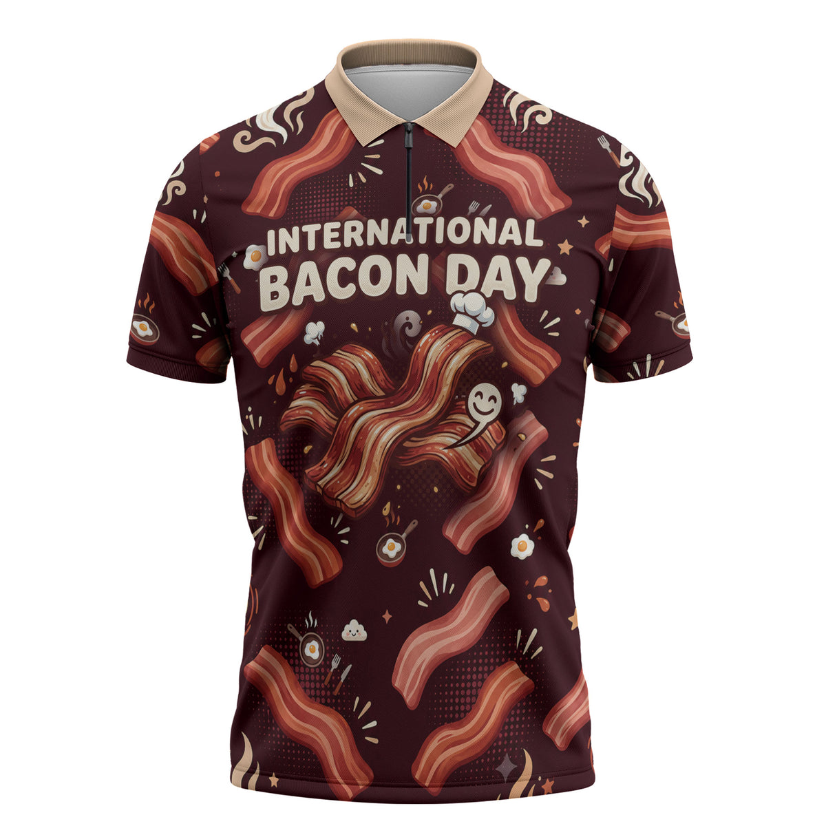 International Bacon Day Zipper Polo Shirt Retro Bacon Pattern With Sizzling Skillet Graphic