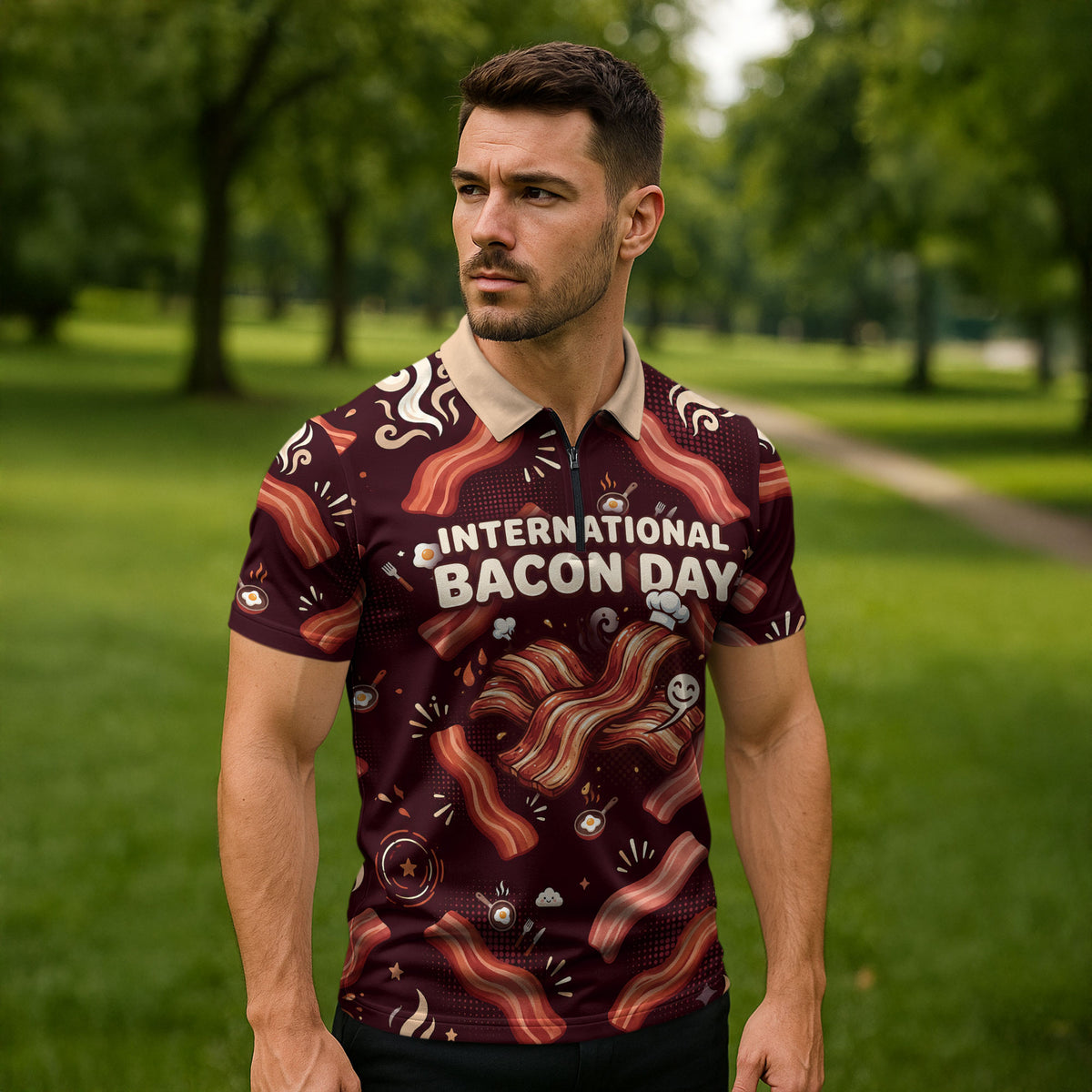 International Bacon Day Zipper Polo Shirt Retro Bacon Pattern With Sizzling Skillet Graphic