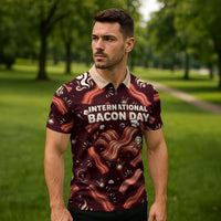 International Bacon Day Zipper Polo Shirt Retro Bacon Pattern With Sizzling Skillet Graphic