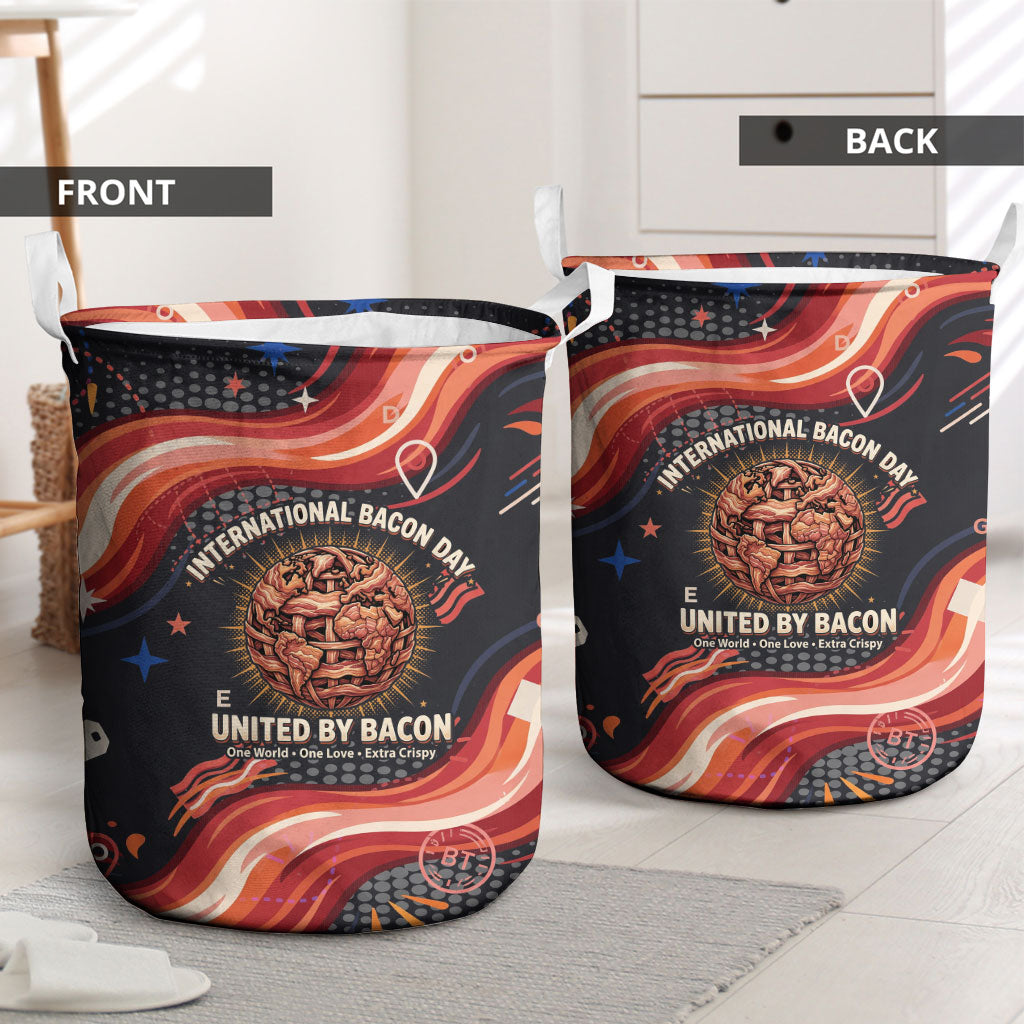 International Bacon Day United By Bacon Laundry Basket Retro Bacon Globe and Cool Bacon Mascot Graphic