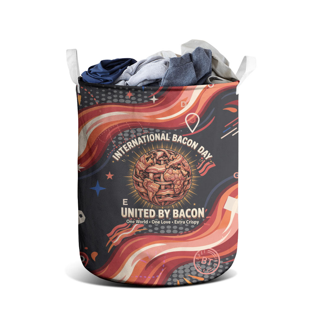 International Bacon Day United By Bacon Laundry Basket Retro Bacon Globe and Cool Bacon Mascot Graphic