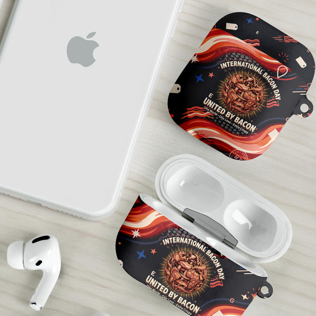 International Bacon Day United By Bacon AirPods Case Retro Bacon Globe and Cool Bacon Mascot Graphic