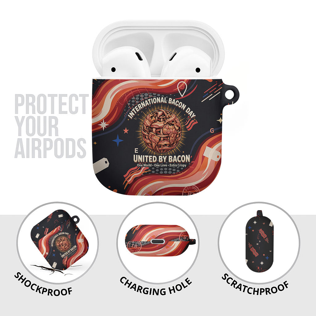 International Bacon Day United By Bacon AirPods Case Retro Bacon Globe and Cool Bacon Mascot Graphic