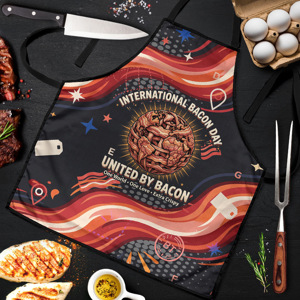 International Bacon Day United By Bacon Apron Retro Bacon Globe and Cool Bacon Mascot Graphic