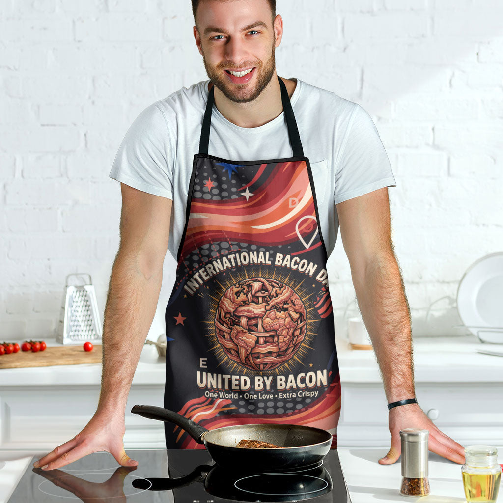 International Bacon Day United By Bacon Apron Retro Bacon Globe and Cool Bacon Mascot Graphic