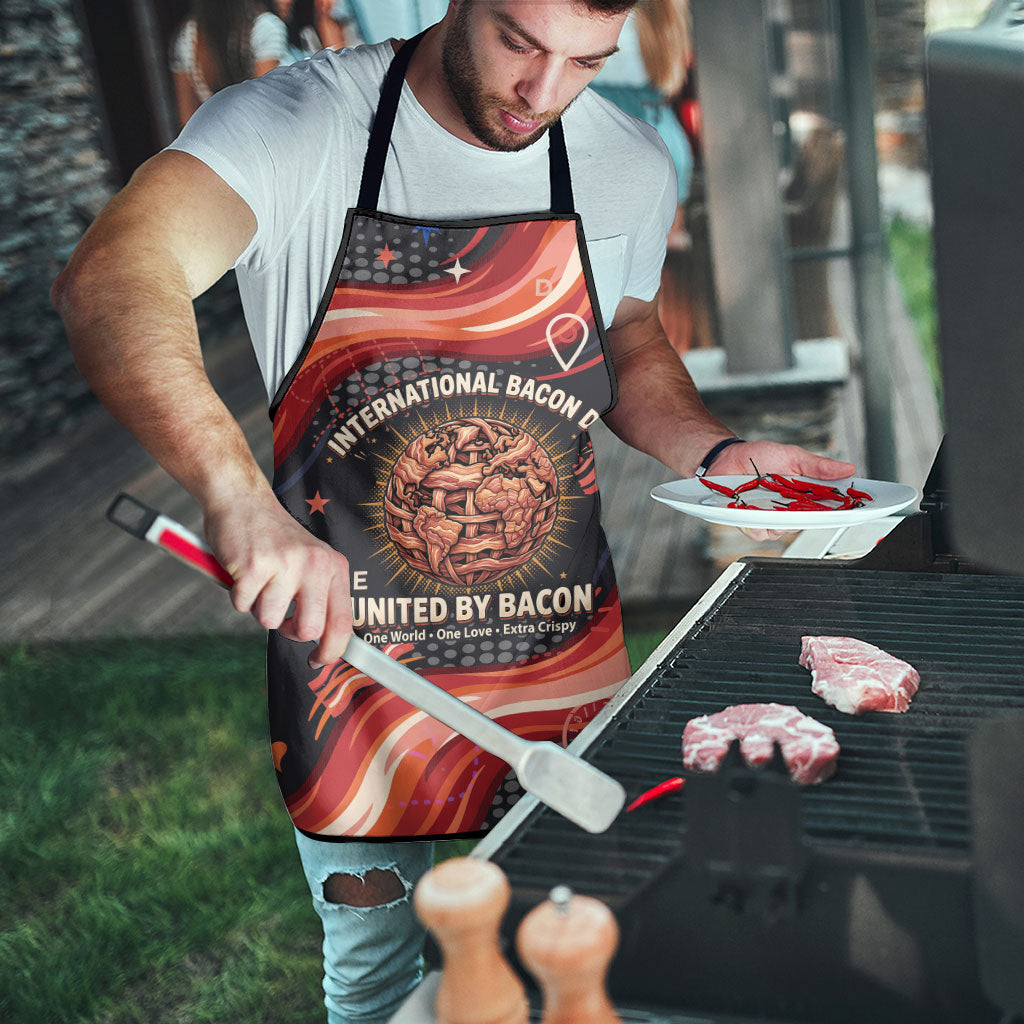 International Bacon Day United By Bacon Apron Retro Bacon Globe and Cool Bacon Mascot Graphic