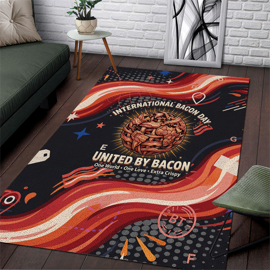 International Bacon Day United By Bacon Area Rug Retro Bacon Globe and Cool Bacon Mascot Graphic