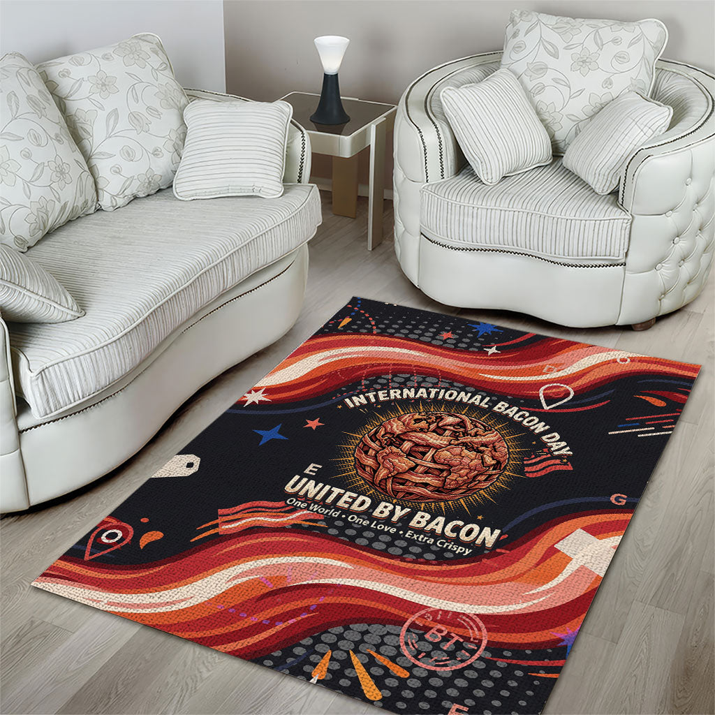 International Bacon Day United By Bacon Area Rug Retro Bacon Globe and Cool Bacon Mascot Graphic