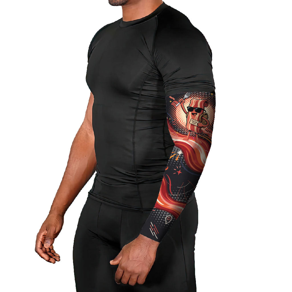 International Bacon Day United By Bacon Arm Sleeves Retro Bacon Globe and Cool Bacon Mascot Graphic