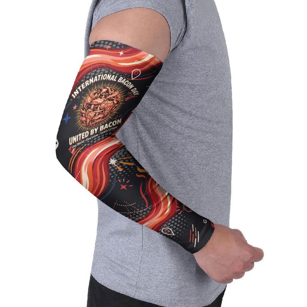 International Bacon Day United By Bacon Arm Sleeves Retro Bacon Globe and Cool Bacon Mascot Graphic