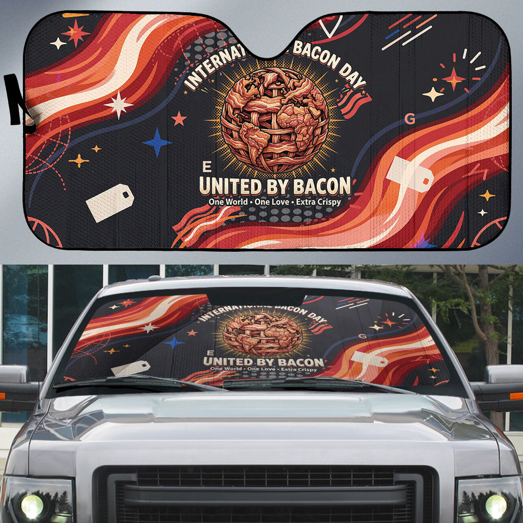 International Bacon Day United By Bacon Auto Sun Shade Retro Bacon Globe and Cool Bacon Mascot Graphic