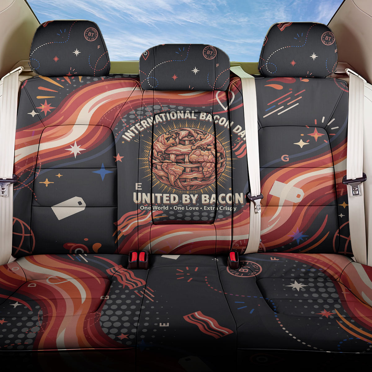 International Bacon Day United By Bacon Back Car Seat Cover Retro Bacon Globe and Cool Bacon Mascot Graphic