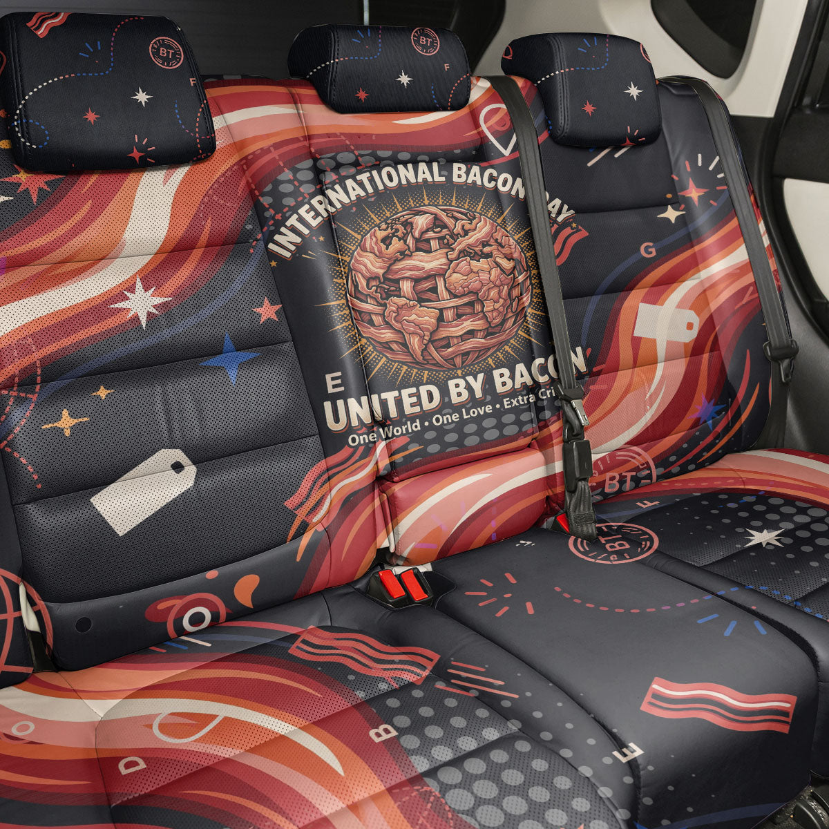 International Bacon Day United By Bacon Back Car Seat Cover Retro Bacon Globe and Cool Bacon Mascot Graphic