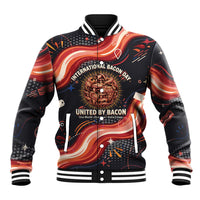 International Bacon Day United By Bacon Baseball Jacket Retro Bacon Globe and Cool Bacon Mascot Graphic