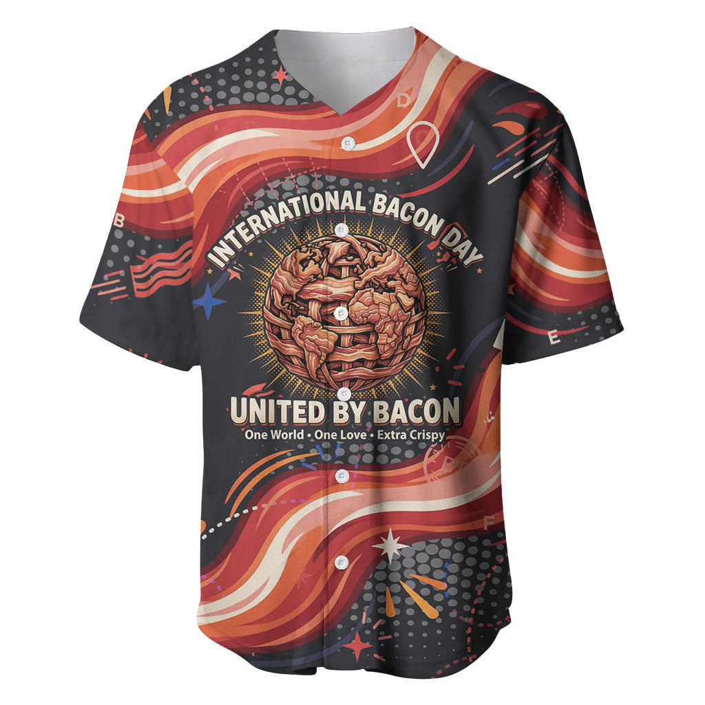 International Bacon Day United By Bacon Baseball Jersey Retro Bacon Globe and Cool Bacon Mascot Graphic